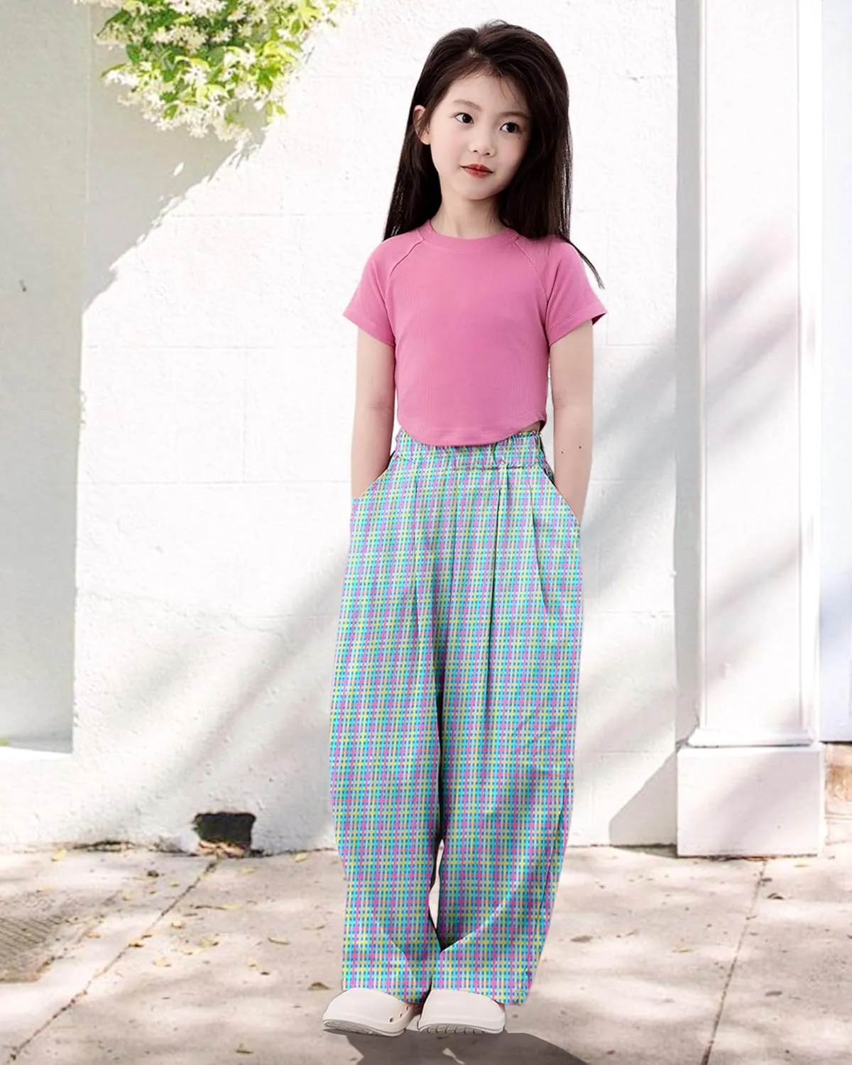 Rolanko Girls Wide Leg Pants Flowy Loose Fit Palazzo Pants for Girls Kids Linen Trousers Casual Beach 6-14Y