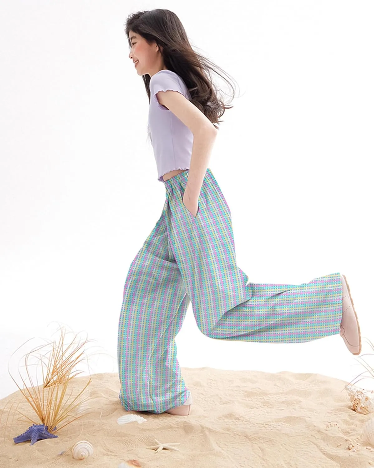 Rolanko Girls Wide Leg Pants Flowy Loose Fit Palazzo Pants for Girls Kids Linen Trousers Casual Beach 6-14Y