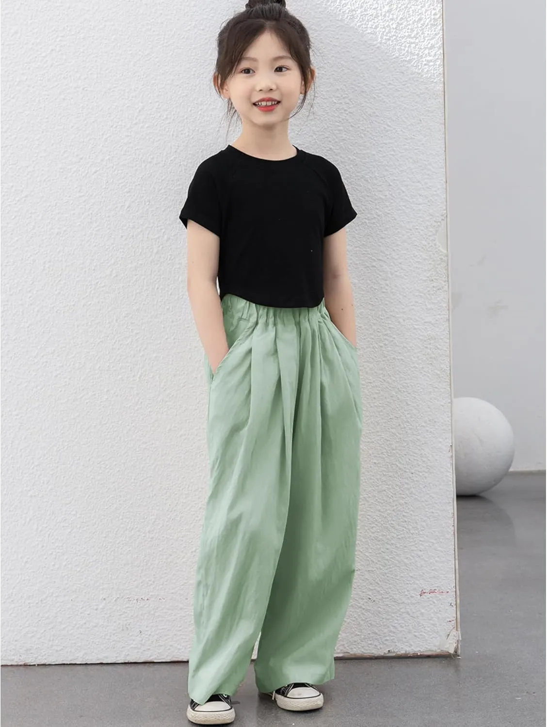 Rolanko Girls Wide Leg Pants Flowy Loose Fit Palazzo Pants for Girls Kids Linen Trousers Casual Beach 6-14Y