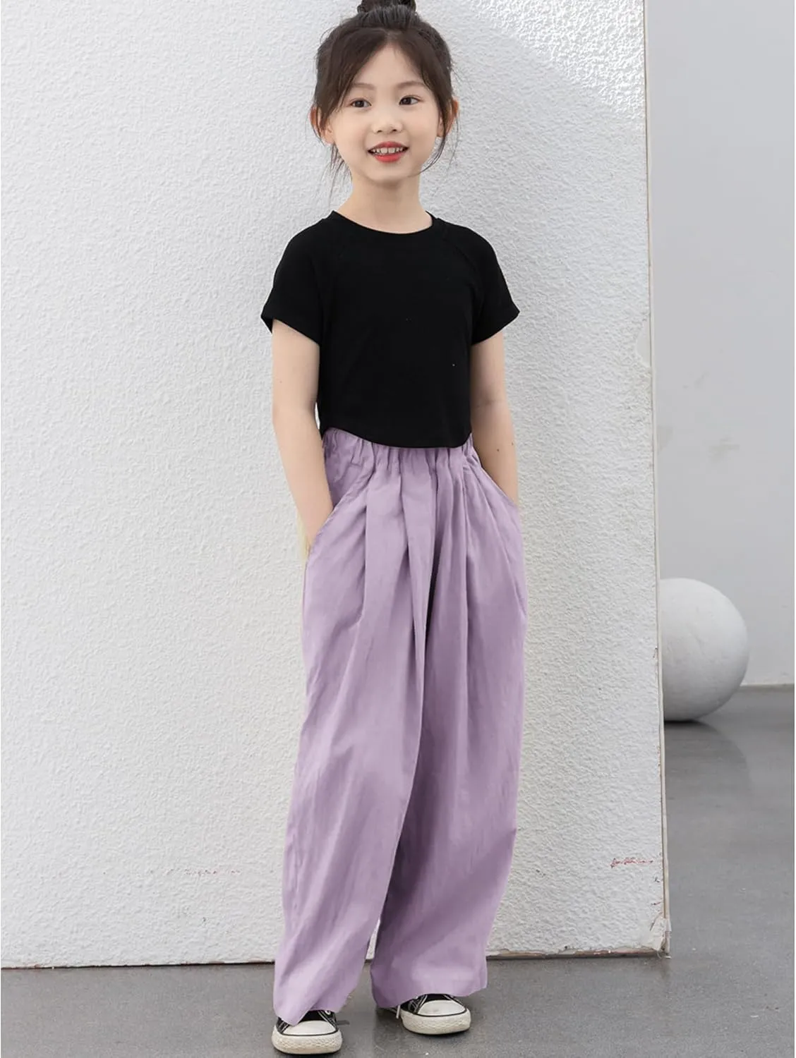 Rolanko Girls Wide Leg Pants Flowy Loose Fit Palazzo Pants for Girls Kids Linen Trousers Casual Beach 6-14Y