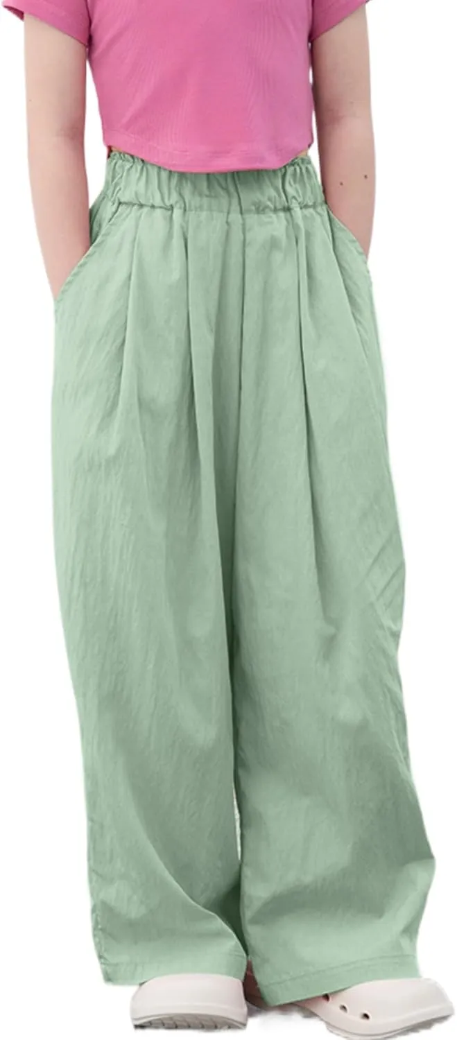 Rolanko Girls Wide Leg Pants Flowy Loose Fit Palazzo Pants for Girls Kids Linen Trousers Casual Beach 6-14Y