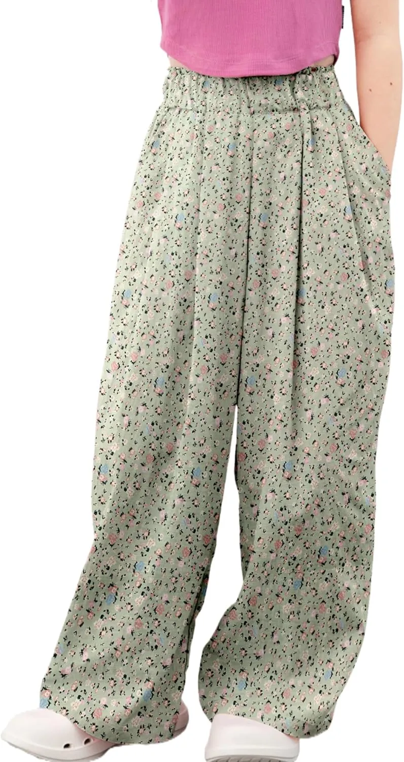 Rolanko Girls Wide Leg Pants Flowy Loose Fit Palazzo Pants for Girls Kids Linen Trousers Casual Beach 6-14Y