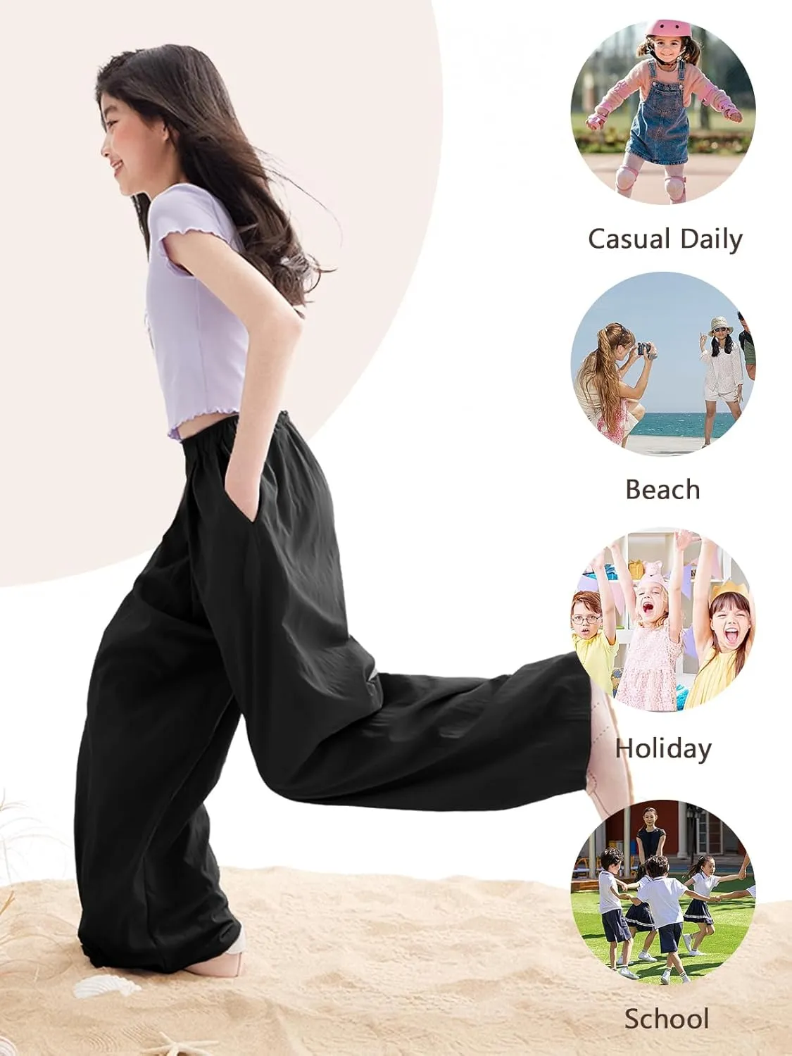 Rolanko Girls Wide Leg Pants Flowy Loose Fit Palazzo Pants for Girls Kids Linen Trousers Casual Beach 6-14Y
