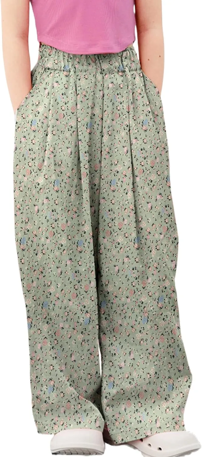 Rolanko Girls Wide Leg Pants Flowy Loose Fit Palazzo Pants for Girls Kids Linen Trousers Casual Beach 6-14Y