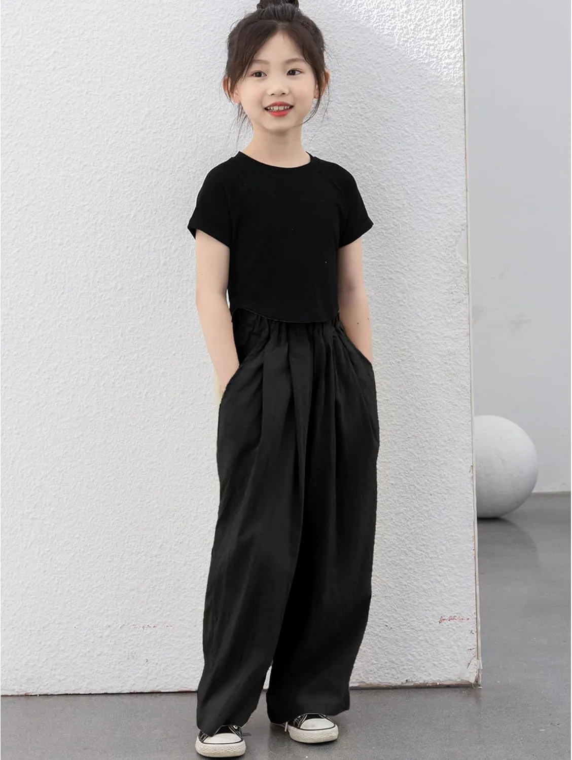 Rolanko Girls Wide Leg Pants Flowy Loose Fit Palazzo Pants for Girls Kids Linen Trousers Casual Beach 6-14Y