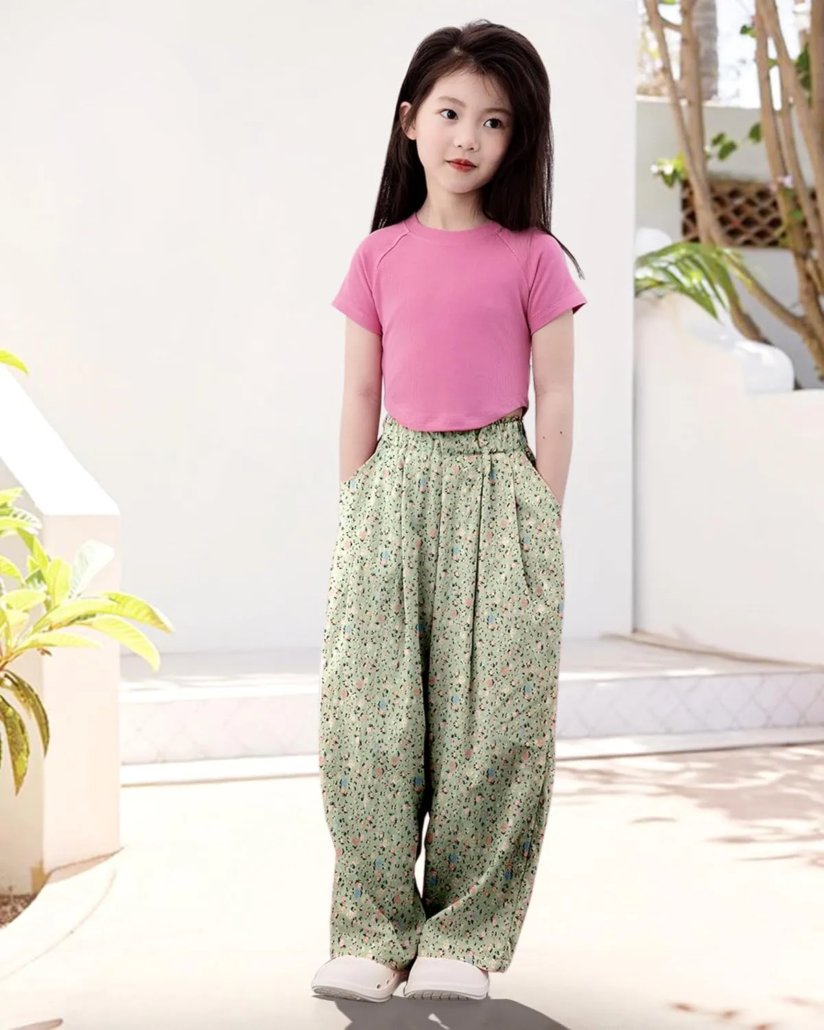 Rolanko Girls Wide Leg Pants Flowy Loose Fit Palazzo Pants for Girls Kids Linen Trousers Casual Beach 6-14Y