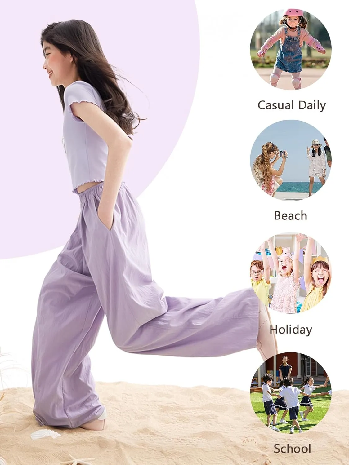 Rolanko Girls Wide Leg Pants Flowy Loose Fit Palazzo Pants for Girls Kids Linen Trousers Casual Beach 6-14Y