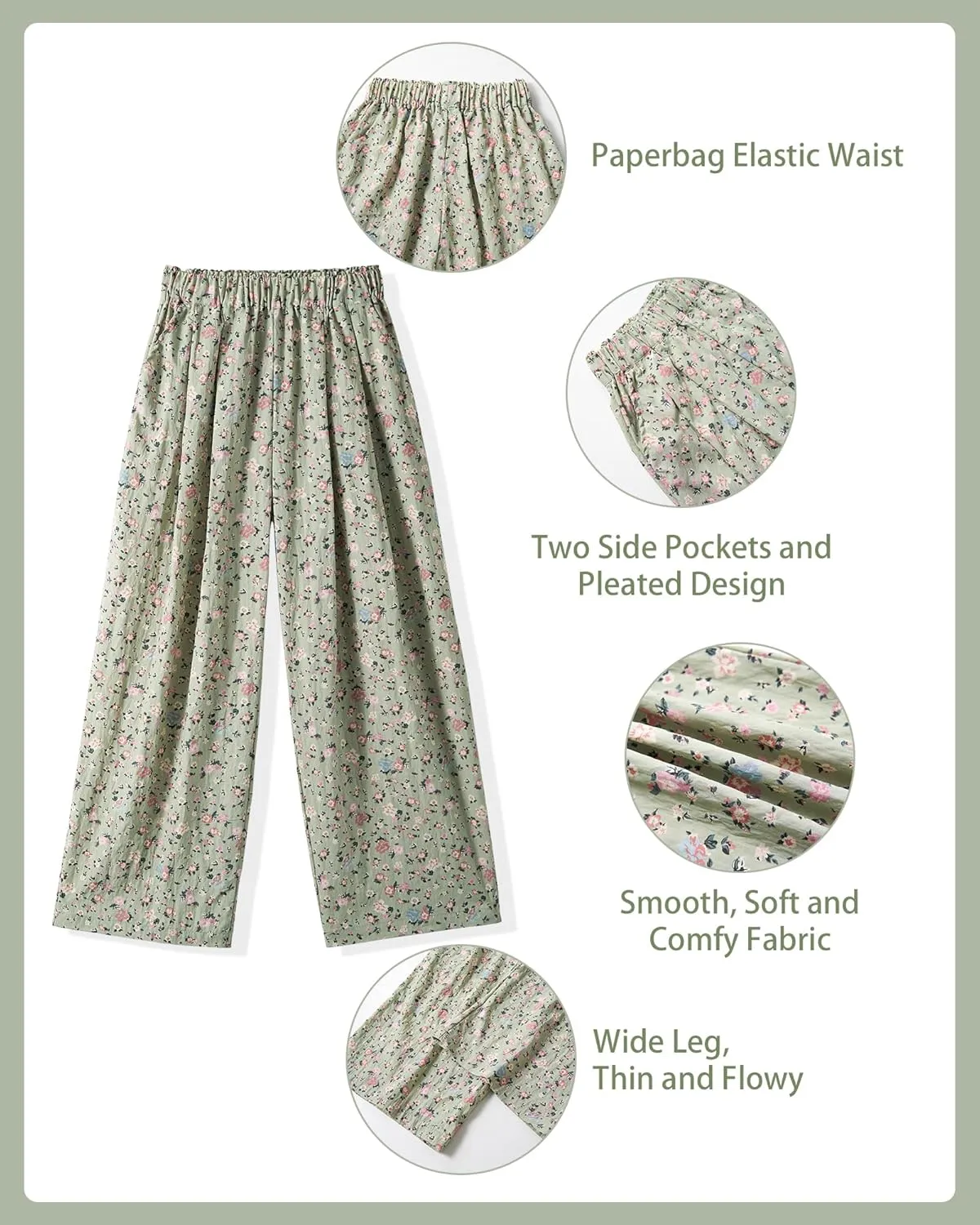 Rolanko Girls Wide Leg Pants Flowy Loose Fit Palazzo Pants for Girls Kids Linen Trousers Casual Beach 6-14Y