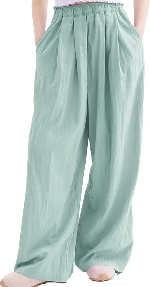 Rolanko Girls Wide Leg Pants Flowy Paperbag Summer Palazzo Trousers with Pockets Kids Linen Pants (Blue, 14-16)