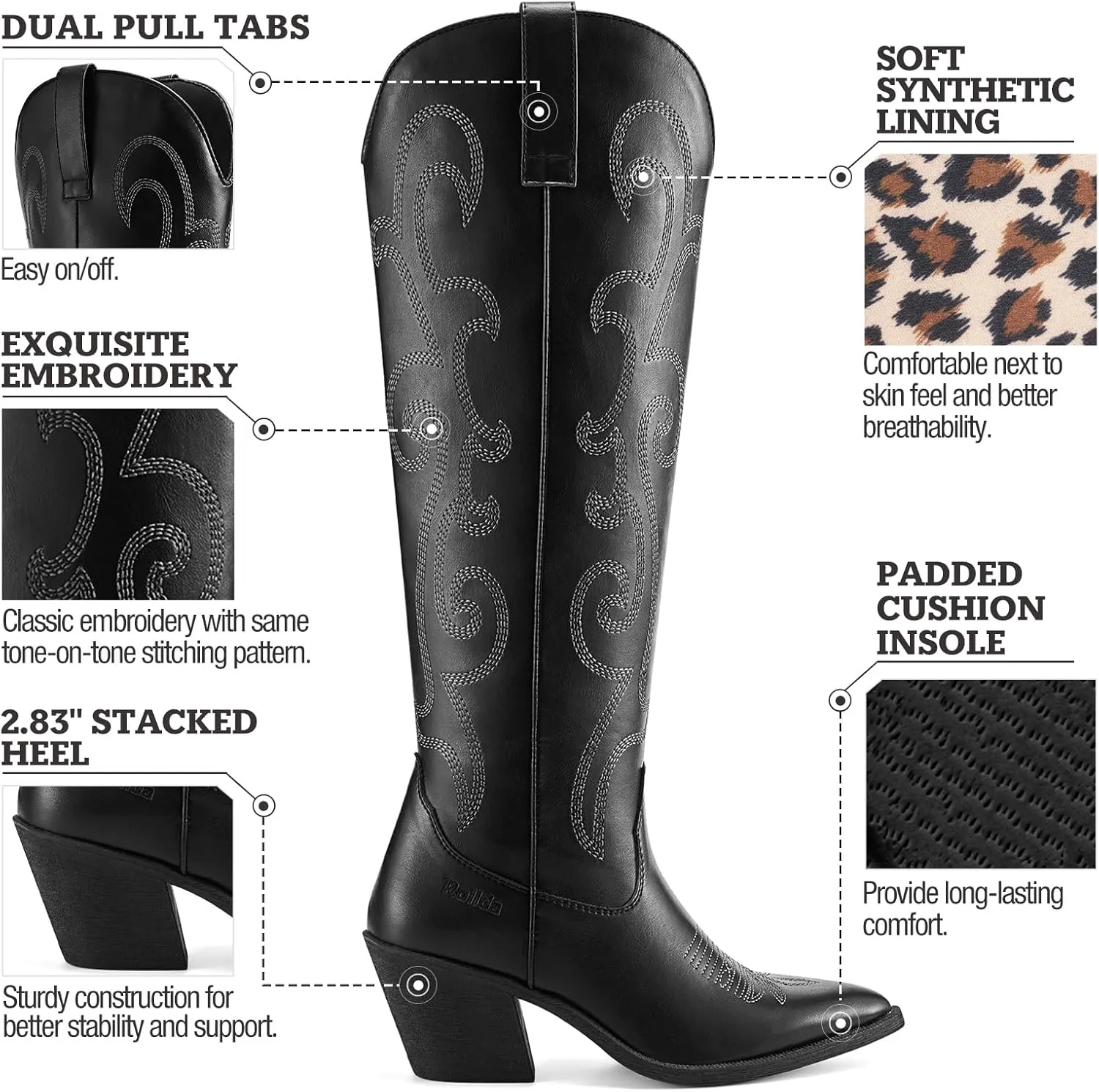 Rollda Cowboy Boots for Women Cowgirl Boots Embroidered Knee-High Western Boots Pointy Toe with Chunky Heel
