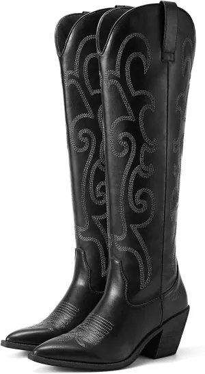 Rollda Cowboy Boots for Women Cowgirl Boots Embroidered Knee-High Western Boots Pointy Toe with Chunky Heel
