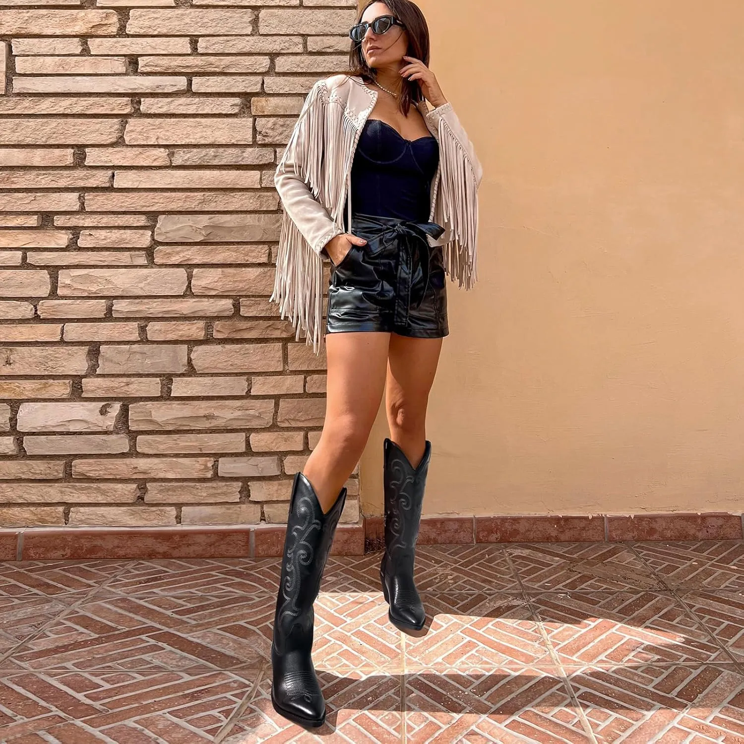 Rollda Cowboy Boots for Women Cowgirl Boots Embroidered Knee-High Western Boots Pointy Toe with Chunky Heel