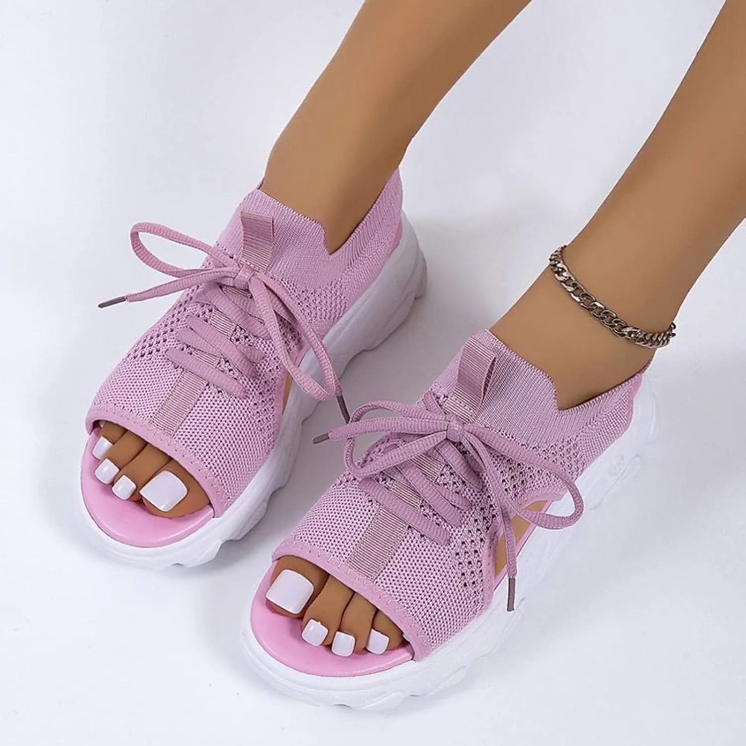Sandals for Women Summer Women Sandals Mesh Casual Thick Soled Lace Up Sandals Open Toe Beach Shoes Woman Shoes Shoe for Women