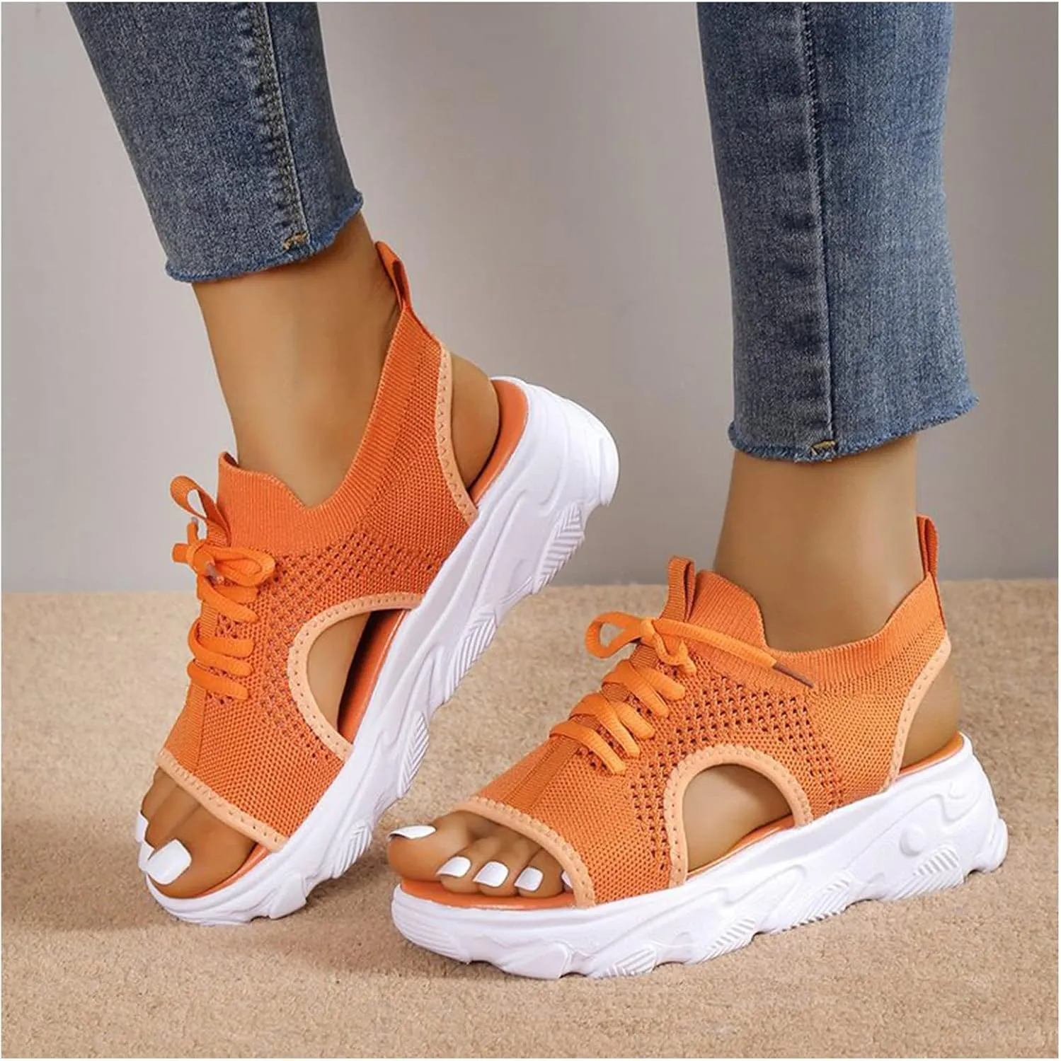 Sandals for Women Summer Women Sandals Mesh Casual Thick Soled Lace Up Sandals Open Toe Beach Shoes Woman Shoes Shoe for Women