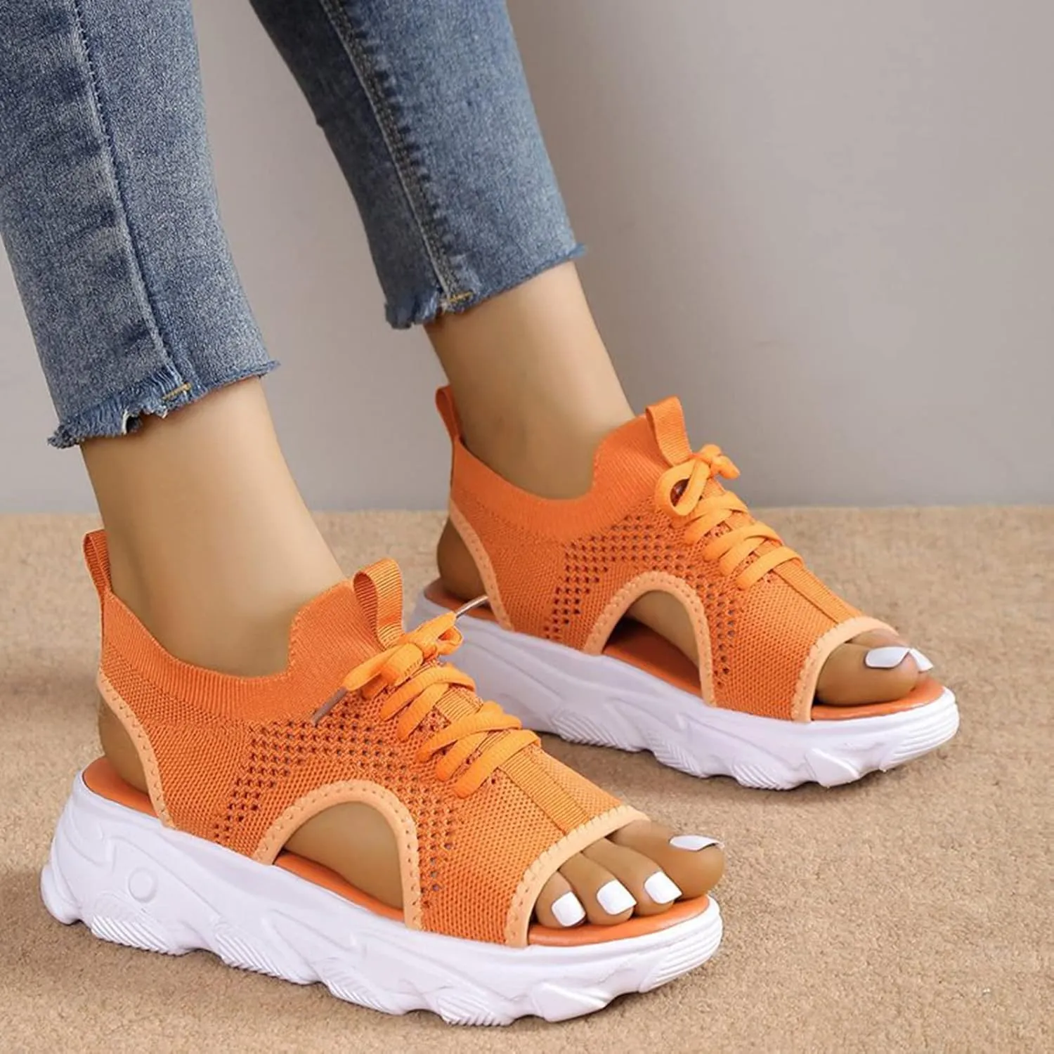 Sandals for Women Summer Women Sandals Mesh Casual Thick Soled Lace Up Sandals Open Toe Beach Shoes Woman Shoes Shoe for Women