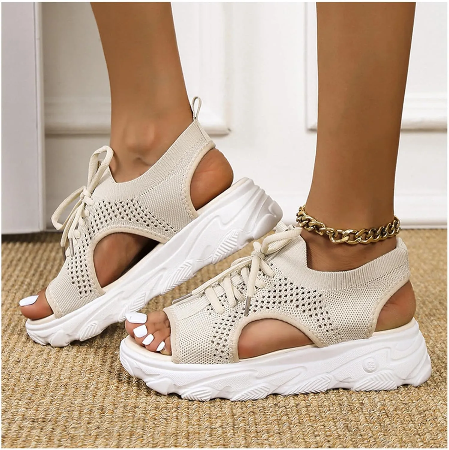 Sandals for Women Summer Women Sandals Mesh Casual Thick Soled Lace Up Sandals Open Toe Beach Shoes Woman Shoes Shoe for Women