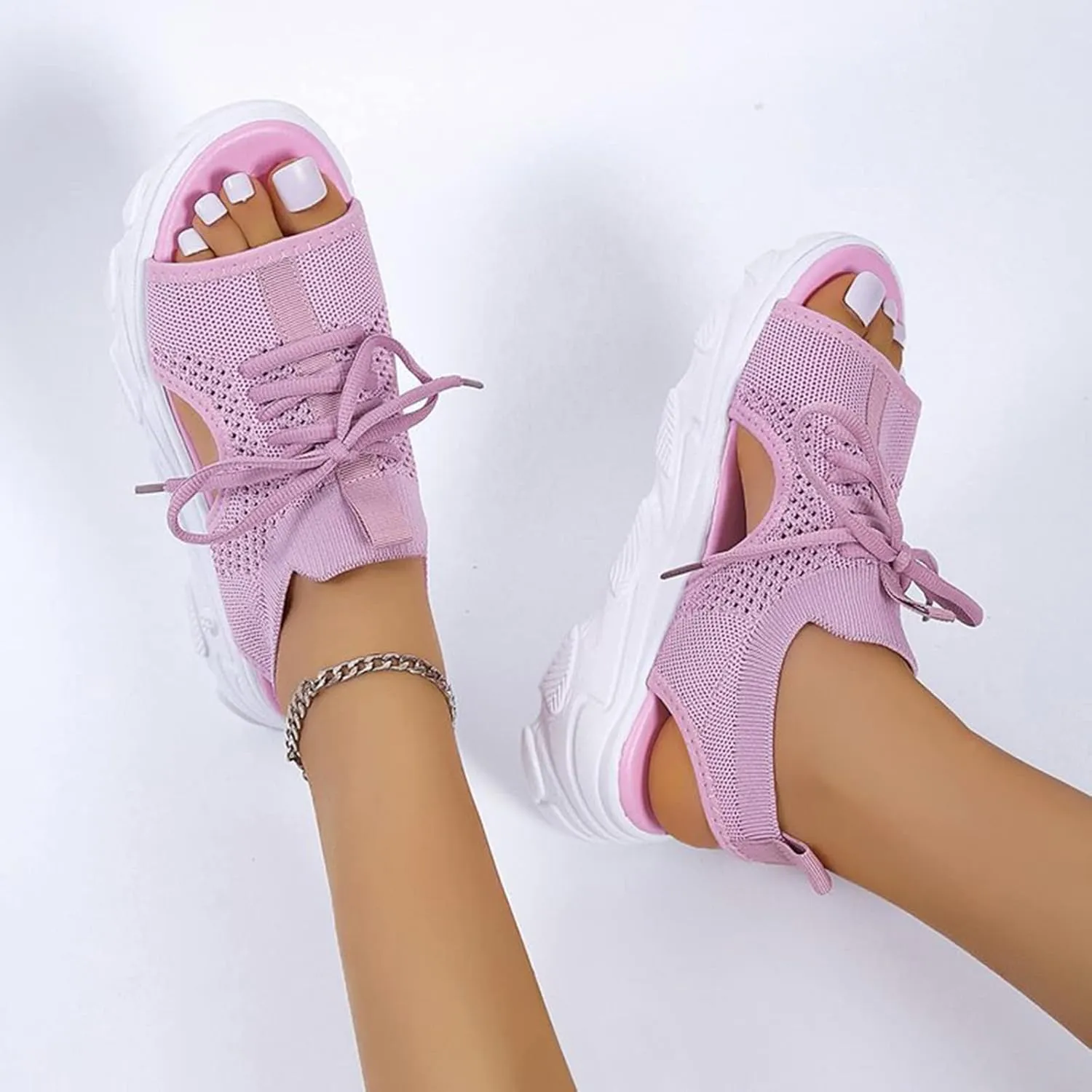Sandals for Women Summer Women Sandals Mesh Casual Thick Soled Lace Up Sandals Open Toe Beach Shoes Woman Shoes Shoe for Women