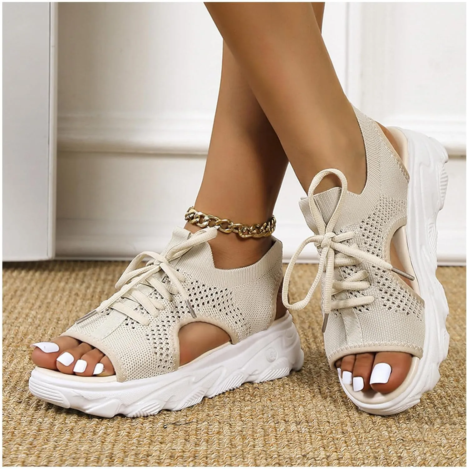Sandals for Women Summer Women Sandals Mesh Casual Thick Soled Lace Up Sandals Open Toe Beach Shoes Woman Shoes Shoe for Women