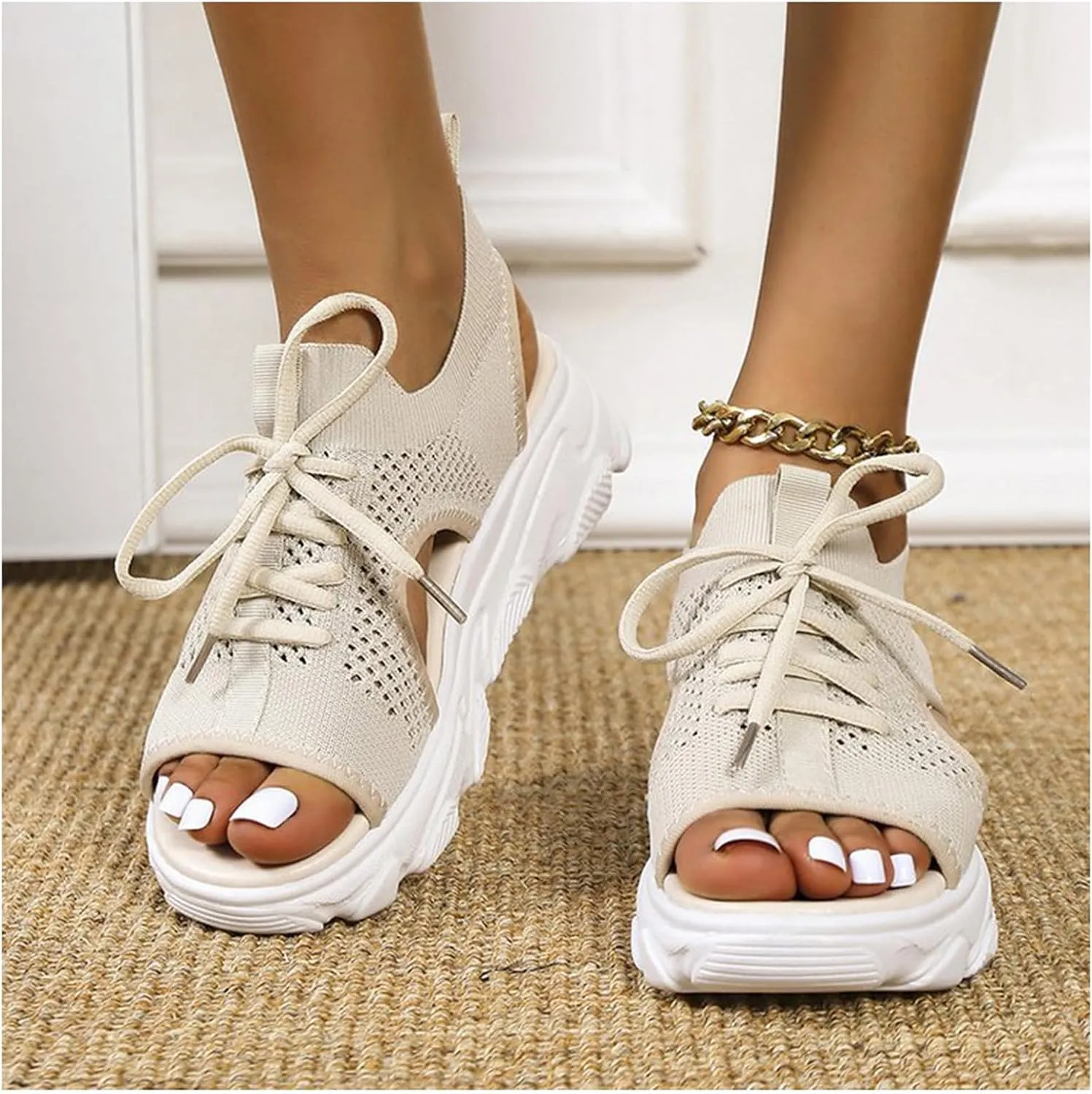Sandals for Women Summer Women Sandals Mesh Casual Thick Soled Lace Up Sandals Open Toe Beach Shoes Woman Shoes Shoe for Women