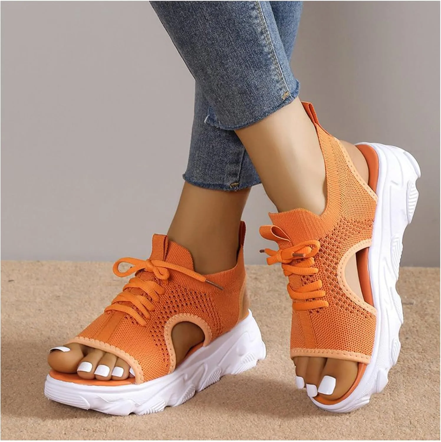 Sandals for Women Summer Women Sandals Mesh Casual Thick Soled Lace Up Sandals Open Toe Beach Shoes Woman Shoes Shoe for Women