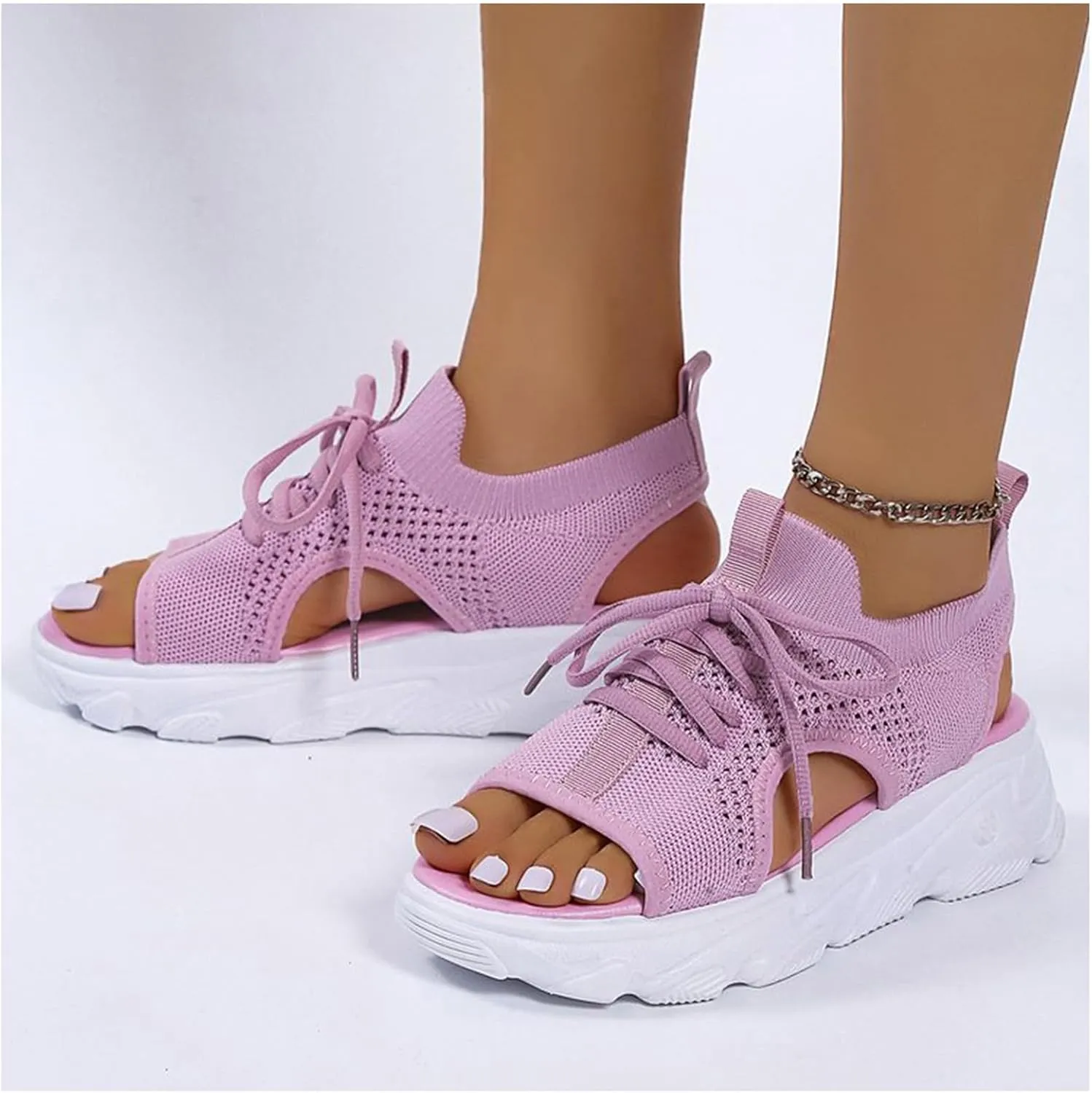 Sandals for Women Summer Women Sandals Mesh Casual Thick Soled Lace Up Sandals Open Toe Beach Shoes Woman Shoes Shoe for Women