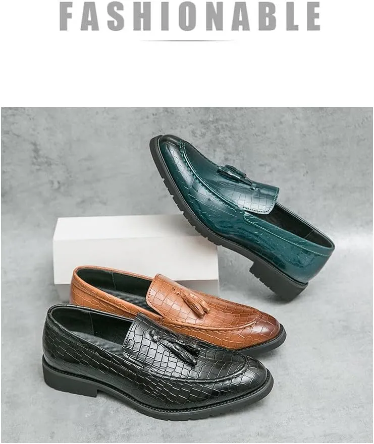 Santimon Men's Crocodile Pattern Tassel Loafers Luxury Slip-On Leather Dress Shoes for Weddings, Parties & Business Casual