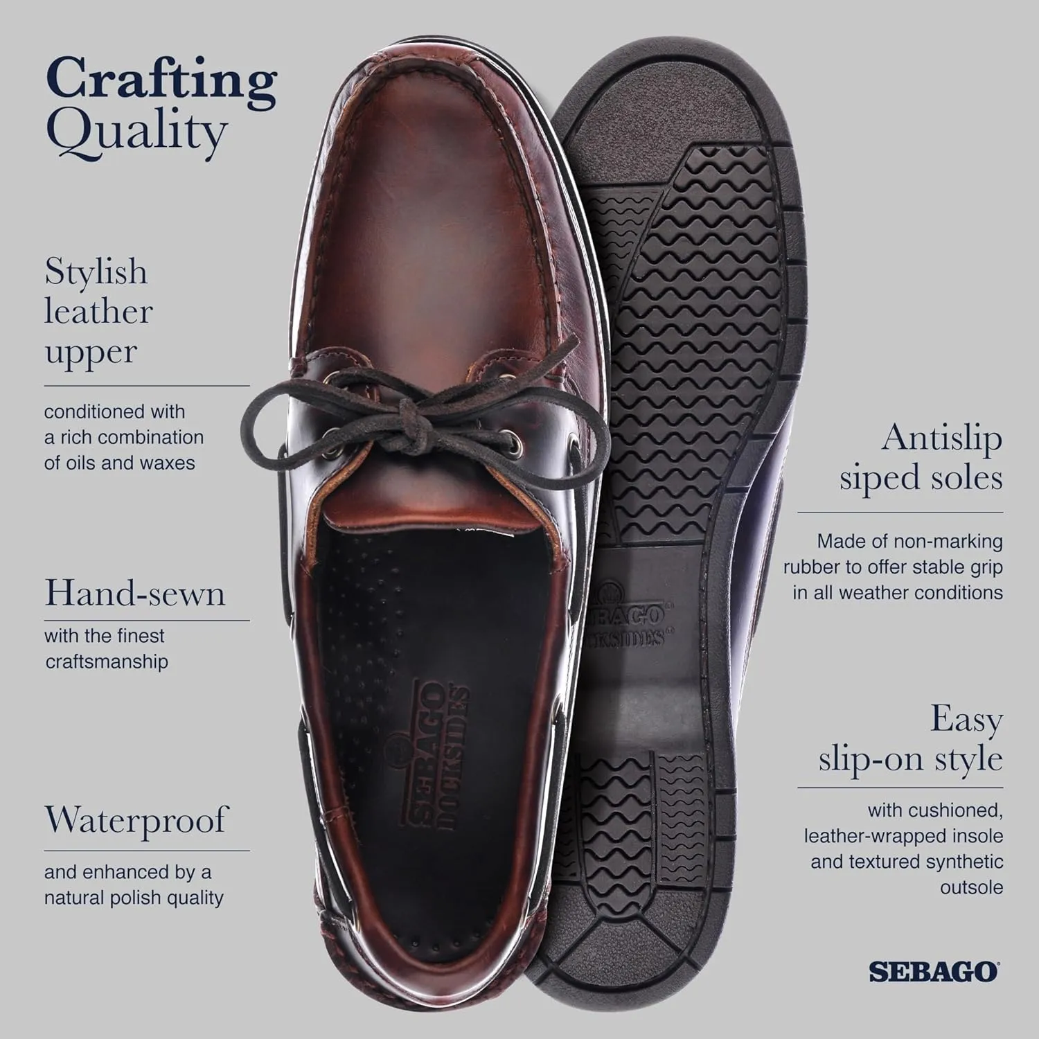 Sebago Schooner Waterproof Boat Shoes - Leather Moccasins for Men Featuring 360-Degree Rawhide Lacing and Non-Marking Slip-Resistant Soles