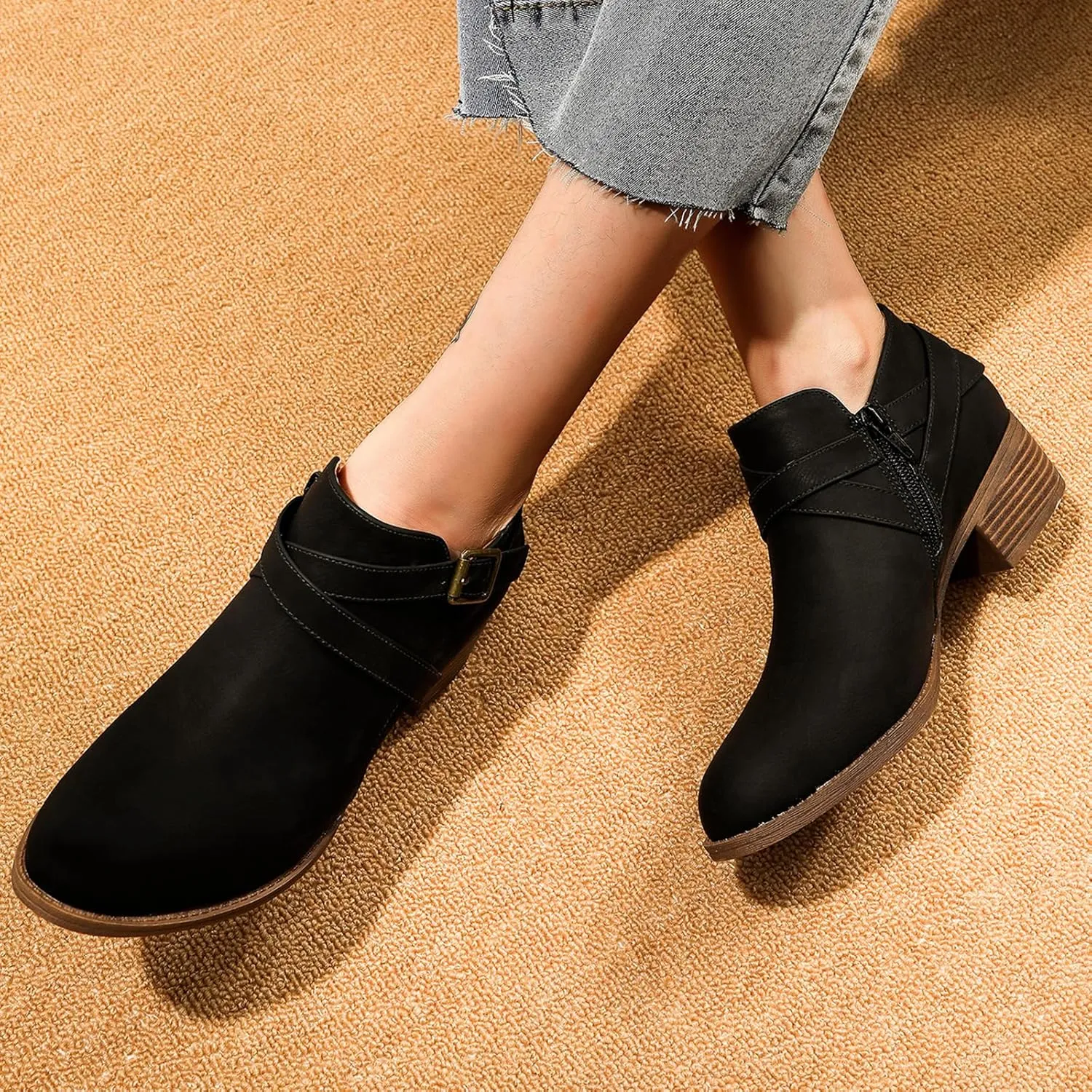 SelRoys Ankle Boots for Women Strap Chunky Stacked Low Heel Classic Pointed Toe Comfortable Side Zipper Booties US6-10.5