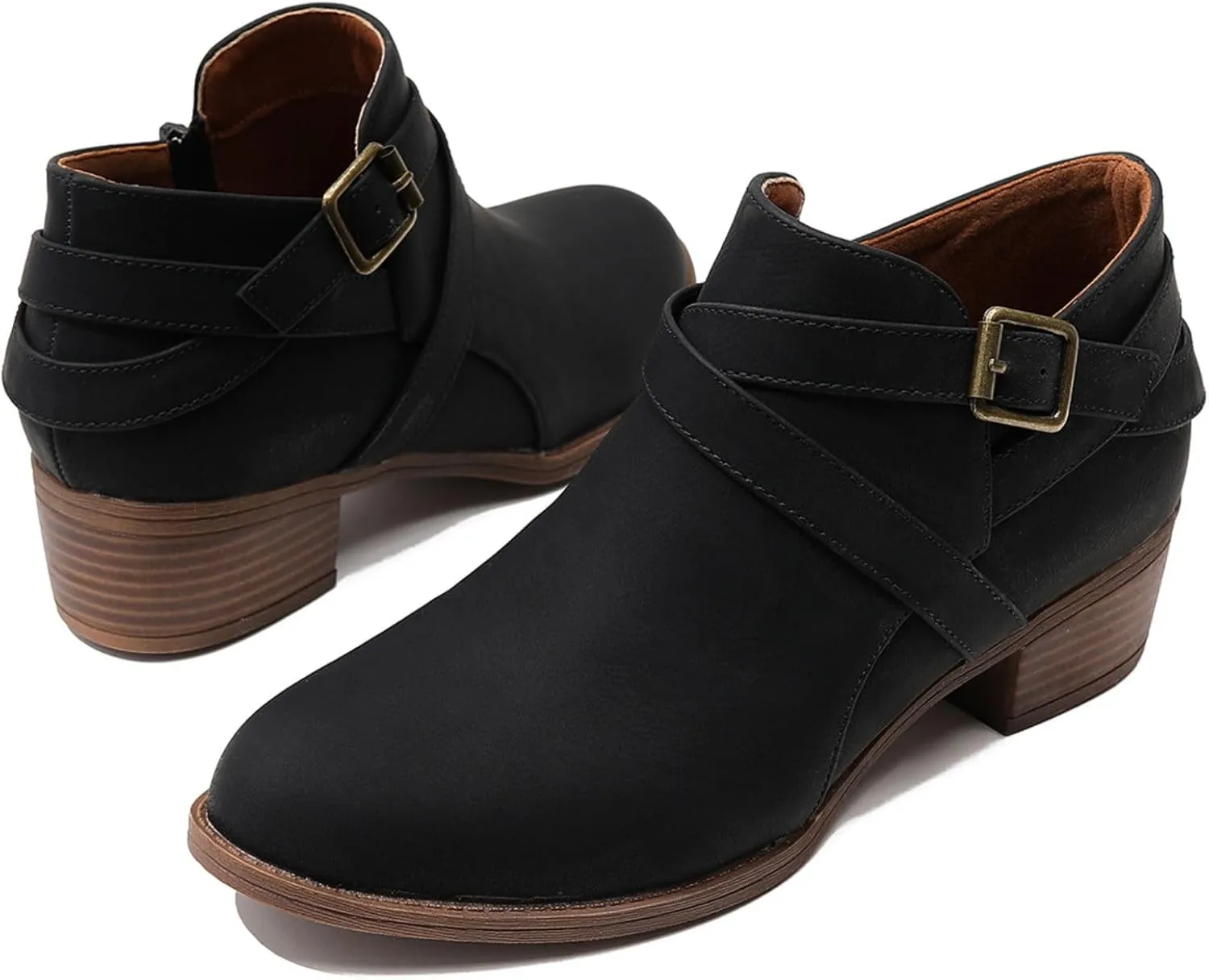 SelRoys Ankle Boots for Women Strap Chunky Stacked Low Heel Classic Pointed Toe Comfortable Side Zipper Booties US6-10.5