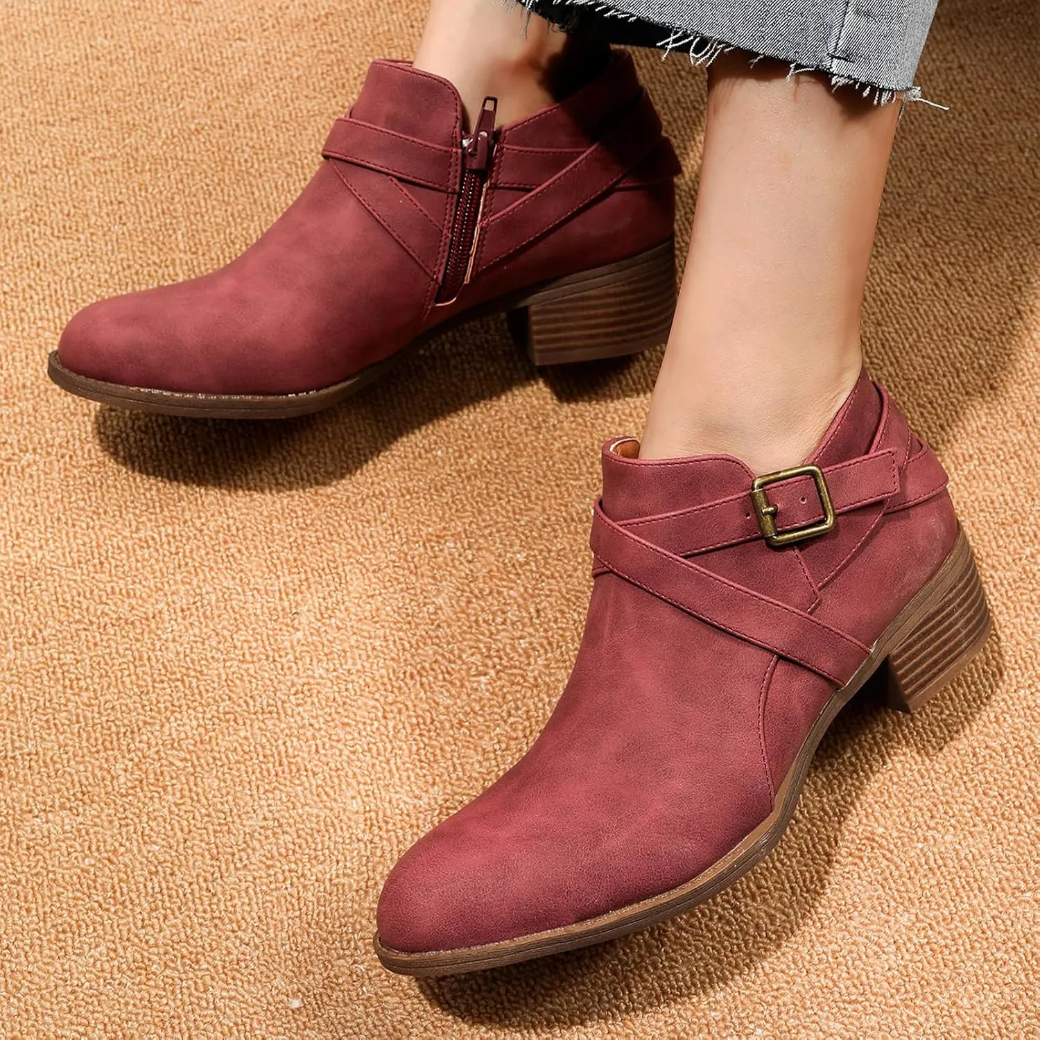 SelRoys Ankle Boots for Women Strap Chunky Stacked Low Heel Classic Pointed Toe Comfortable Side Zipper Booties US6-10.5