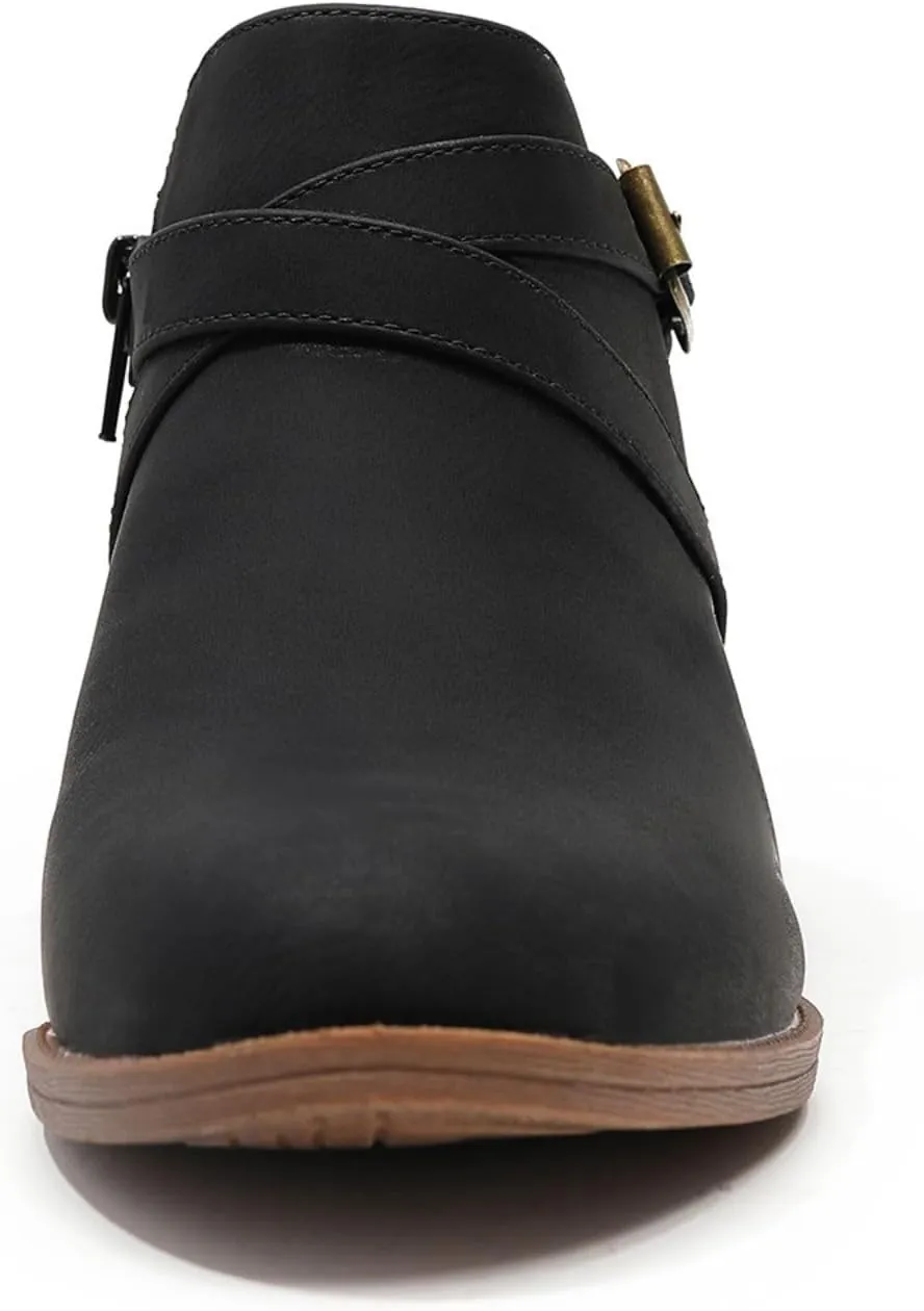 SelRoys Ankle Boots for Women Strap Chunky Stacked Low Heel Classic Pointed Toe Comfortable Side Zipper Booties US6-10.5