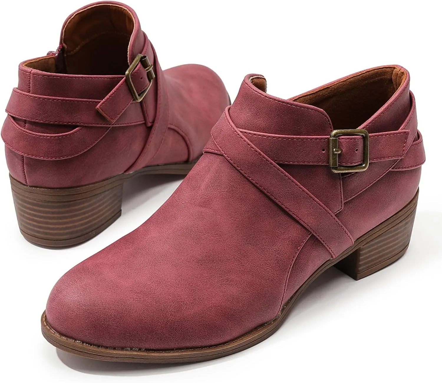 SelRoys Ankle Boots for Women Strap Chunky Stacked Low Heel Classic Pointed Toe Comfortable Side Zipper Booties US6-10.5