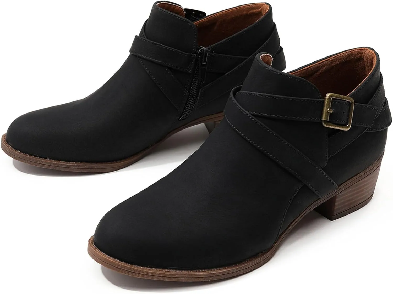 SelRoys Ankle Boots for Women Strap Chunky Stacked Low Heel Classic Pointed Toe Comfortable Side Zipper Booties US6-10.5