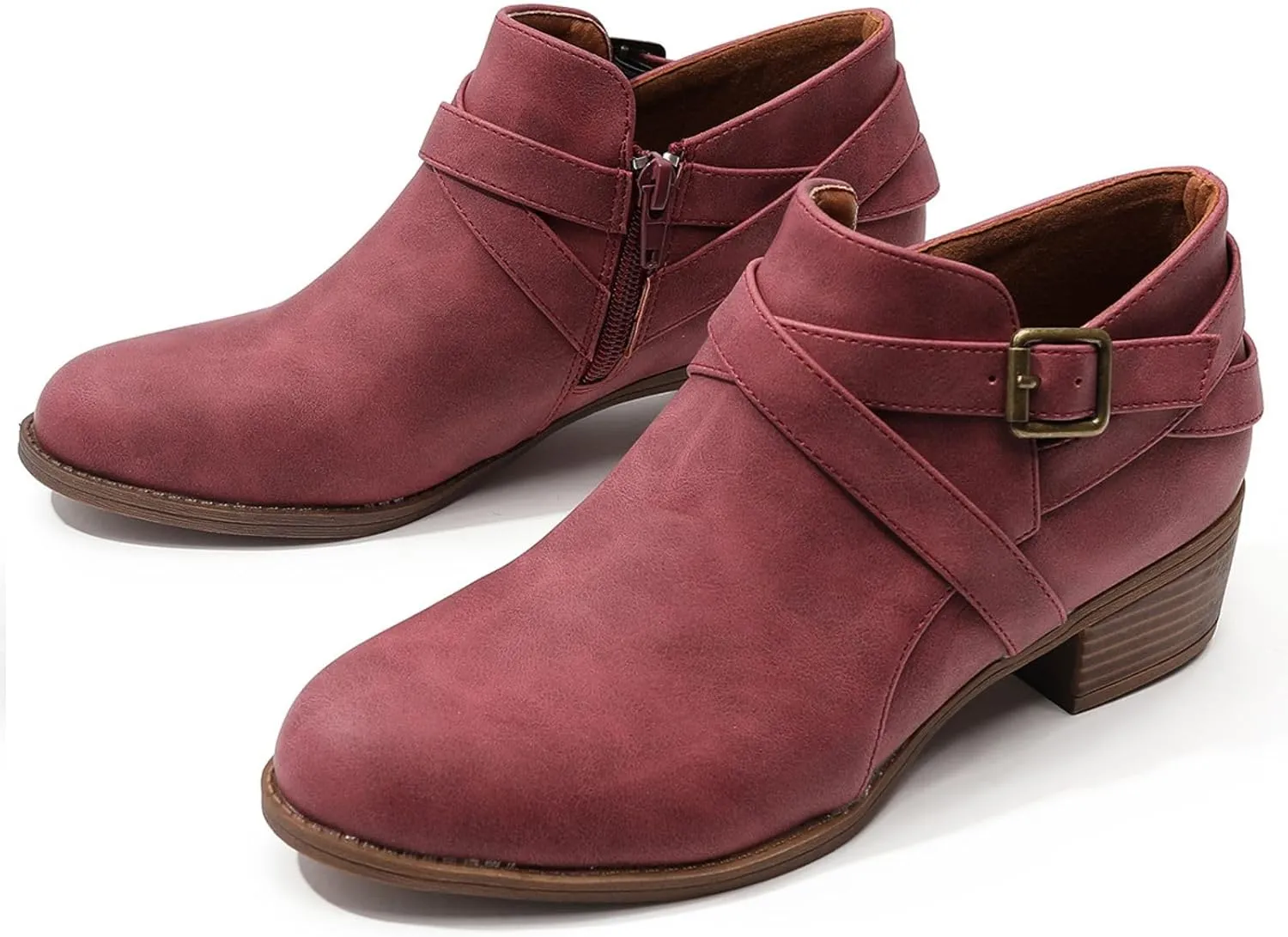 SelRoys Ankle Boots for Women Strap Chunky Stacked Low Heel Classic Pointed Toe Comfortable Side Zipper Booties US6-10.5