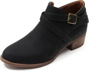SelRoys Ankle Boots for Women Strap Chunky Stacked Low Heel Classic Pointed Toe Comfortable Side Zipper Booties US6-10.5