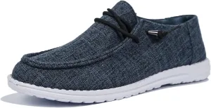 Shesnugin|Women's Black Fabric Slip On Casual Loafers Comfortable Lightweight Breathable Canvas Lace-Up Walking Flat Boat Shoes Ultralight Sole Wide Deck Shoes for Work and Traveling