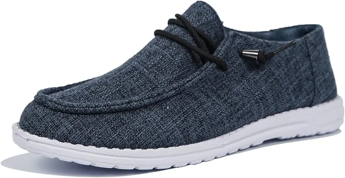 Shesnugin|Women's Black Fabric Slip On Casual Loafers Comfortable Lightweight Breathable Canvas Lace-Up Walking Flat Boat Shoes Ultralight Sole Wide Deck Shoes for Work and Traveling