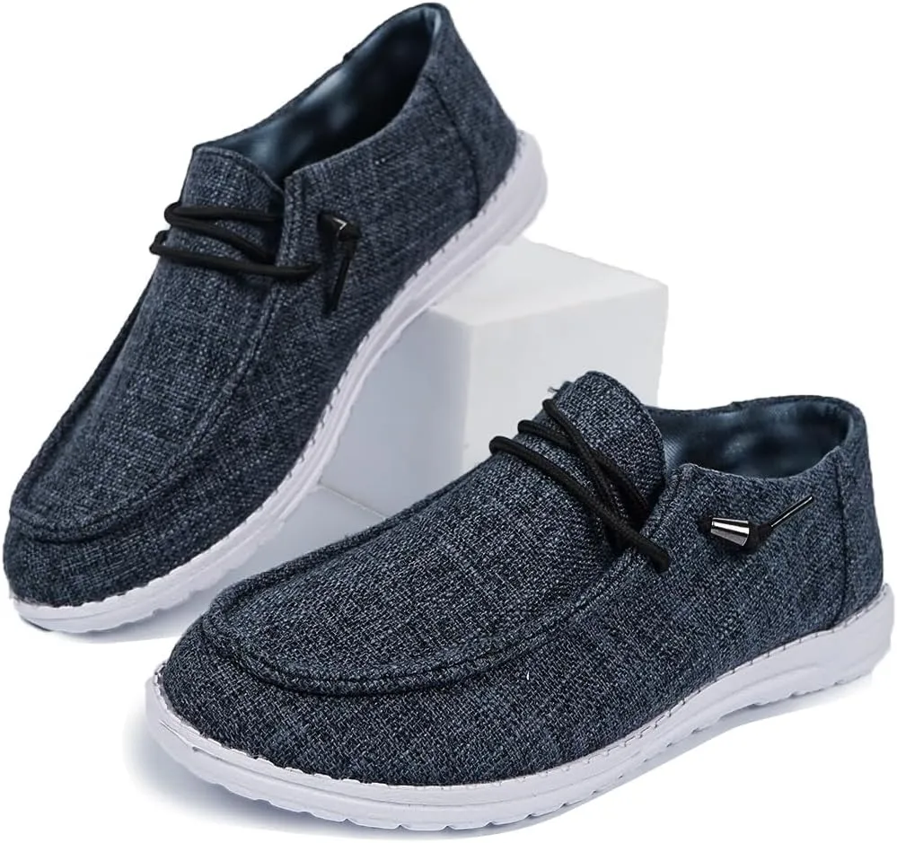 Shesnugin|Women's Black Fabric Slip On Casual Loafers Comfortable Lightweight Breathable Canvas Lace-Up Walking Flat Boat Shoes Ultralight Sole Wide Deck Shoes for Work and Traveling
