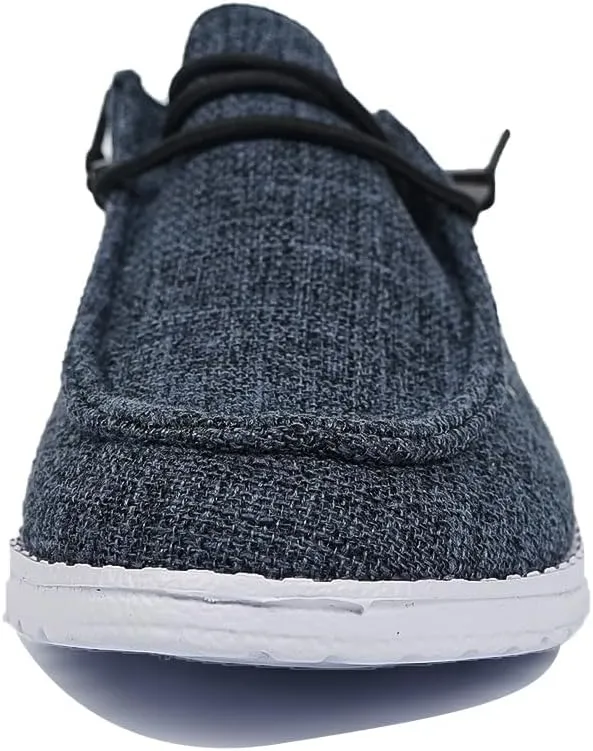 Shesnugin|Women's Black Fabric Slip On Casual Loafers Comfortable Lightweight Breathable Canvas Lace-Up Walking Flat Boat Shoes Ultralight Sole Wide Deck Shoes for Work and Traveling
