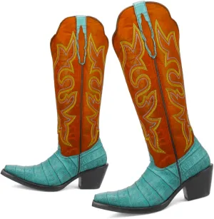 SHODENSE Women Chunky Heel Mid Calf Western Boots Embroidered Pointed Toe Cowboy Calf Boots Crocodile Two Tone 2 Inch Block Heel Cowgirl Boots Calf High Patchwork Pull On Wide Calf 4-11 M US