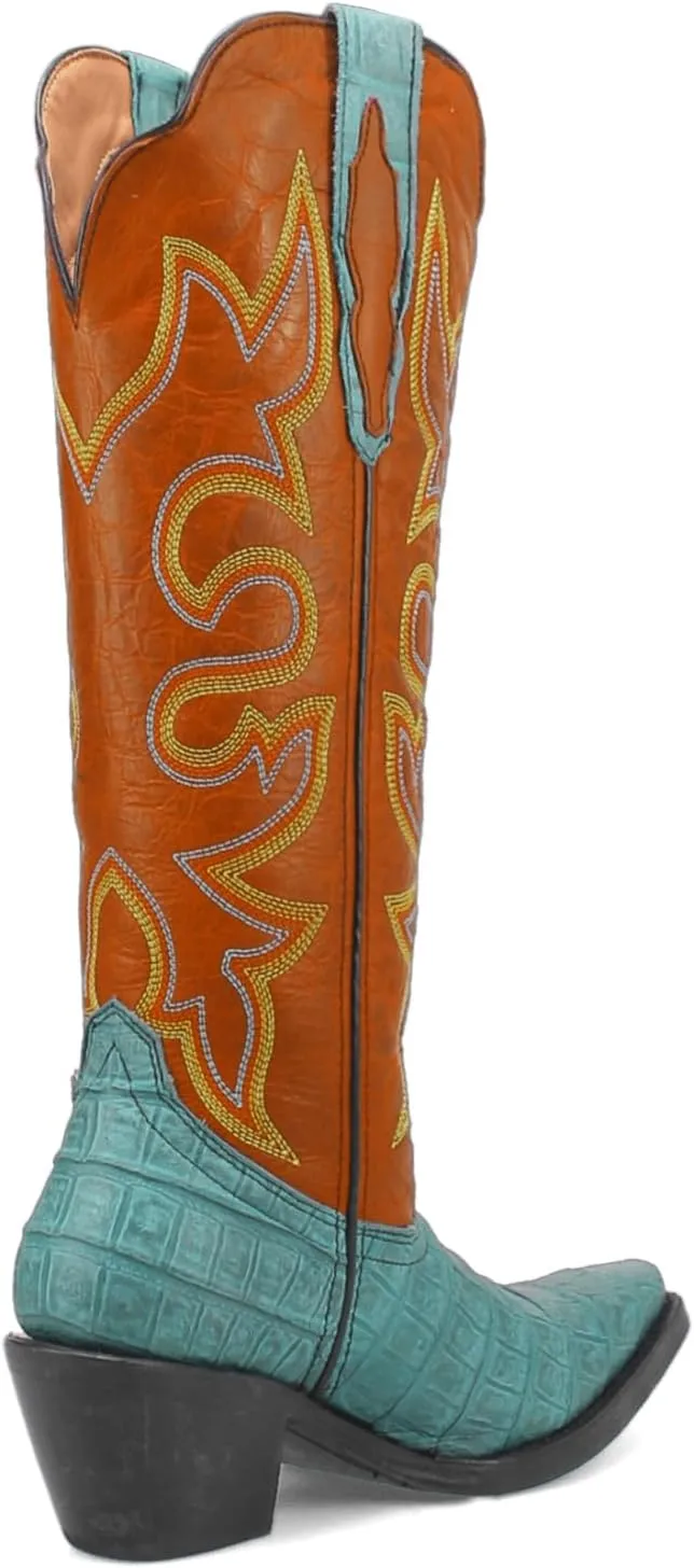 SHODENSE Women Chunky Heel Mid Calf Western Boots Embroidered Pointed Toe Cowboy Calf Boots Crocodile Two Tone 2 Inch Block Heel Cowgirl Boots Calf High Patchwork Pull On Wide Calf 4-11 M US