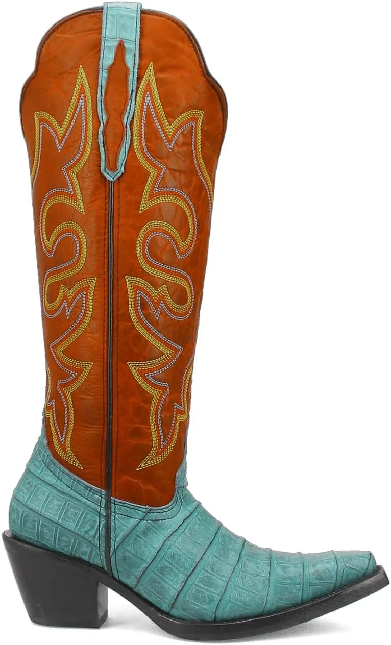 SHODENSE Women Chunky Heel Mid Calf Western Boots Embroidered Pointed Toe Cowboy Calf Boots Crocodile Two Tone 2 Inch Block Heel Cowgirl Boots Calf High Patchwork Pull On Wide Calf 4-11 M US