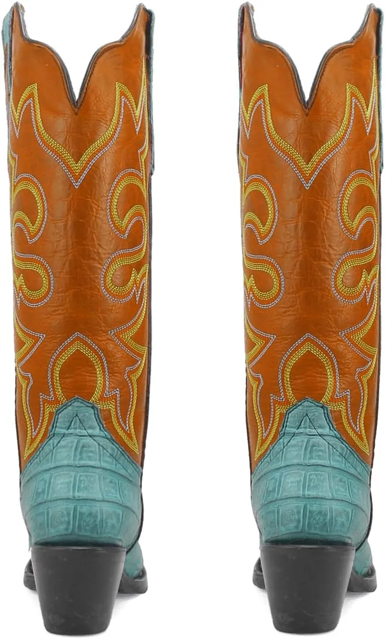 SHODENSE Women Chunky Heel Mid Calf Western Boots Embroidered Pointed Toe Cowboy Calf Boots Crocodile Two Tone 2 Inch Block Heel Cowgirl Boots Calf High Patchwork Pull On Wide Calf 4-11 M US