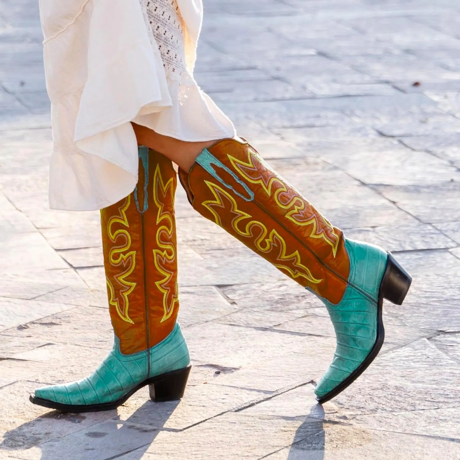 SHODENSE Women Chunky Heel Mid Calf Western Boots Embroidered Pointed Toe Cowboy Calf Boots Crocodile Two Tone 2 Inch Block Heel Cowgirl Boots Calf High Patchwork Pull On Wide Calf 4-11 M US