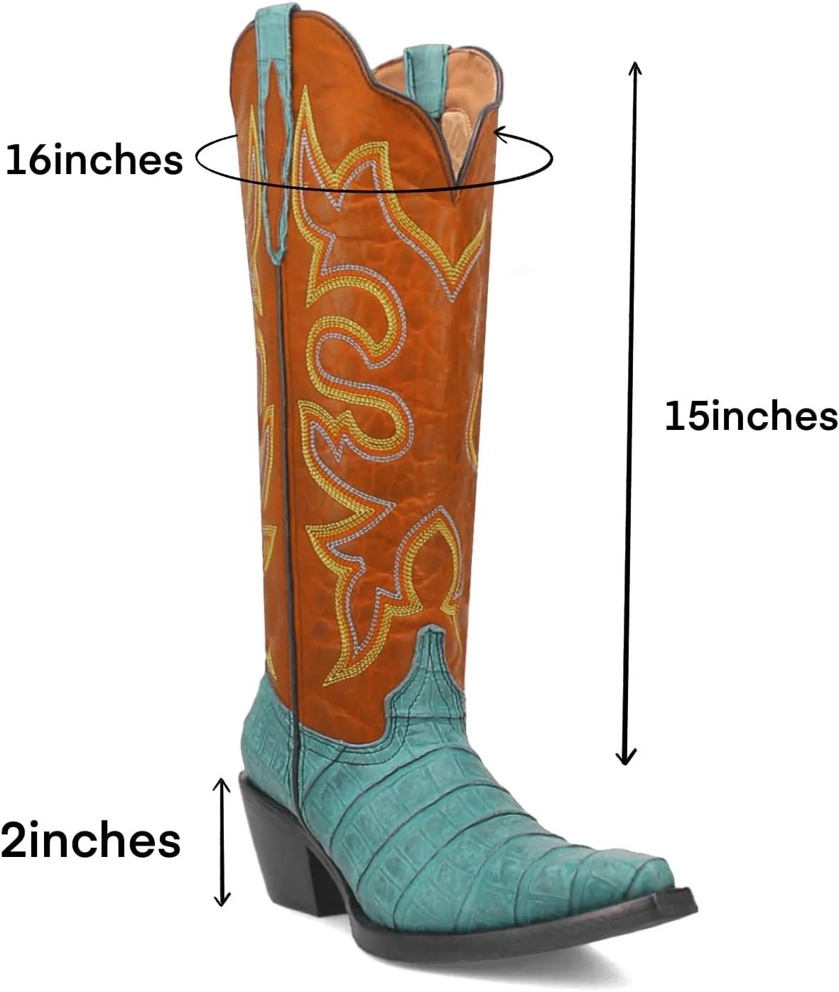SHODENSE Women Chunky Heel Mid Calf Western Boots Embroidered Pointed Toe Cowboy Calf Boots Crocodile Two Tone 2 Inch Block Heel Cowgirl Boots Calf High Patchwork Pull On Wide Calf 4-11 M US