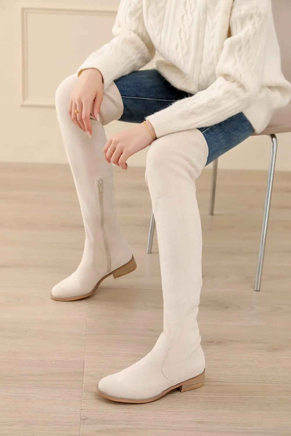 Shoe'N Tale Women's Over The Knee Boots Thigh High Low Block Heel Pointed Toe Long Stretch Boots