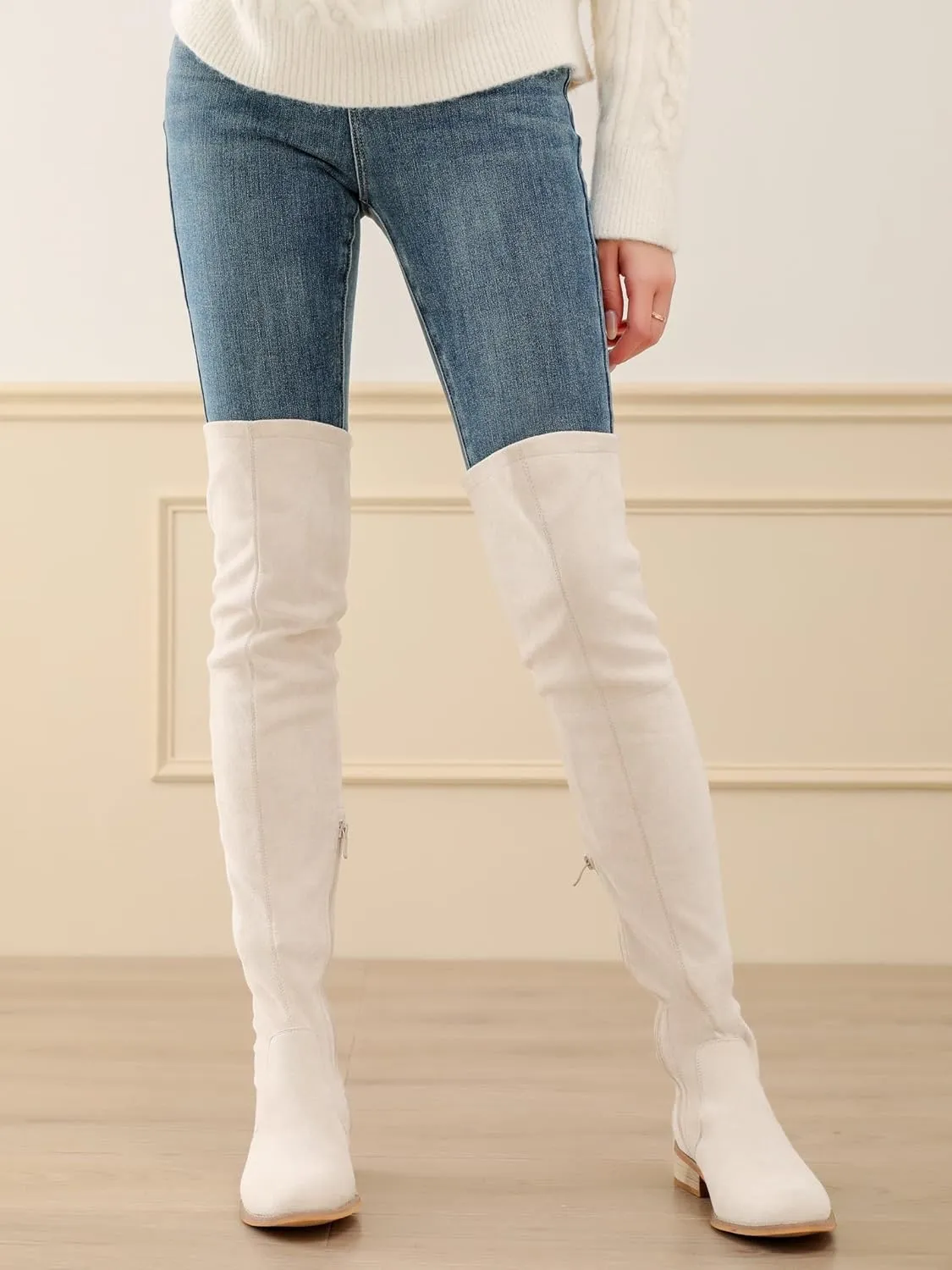 Shoe'N Tale Women's Over The Knee Boots Thigh High Low Block Heel Pointed Toe Long Stretch Boots