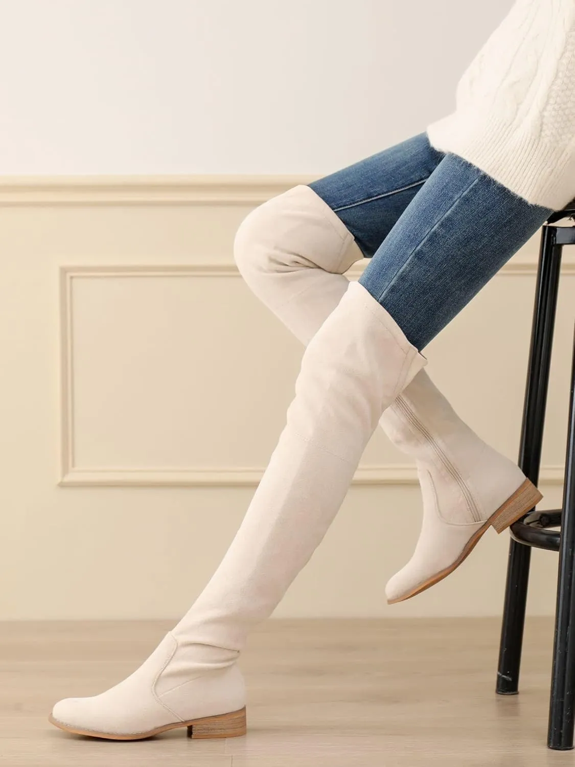 Shoe'N Tale Women's Over The Knee Boots Thigh High Low Block Heel Pointed Toe Long Stretch Boots