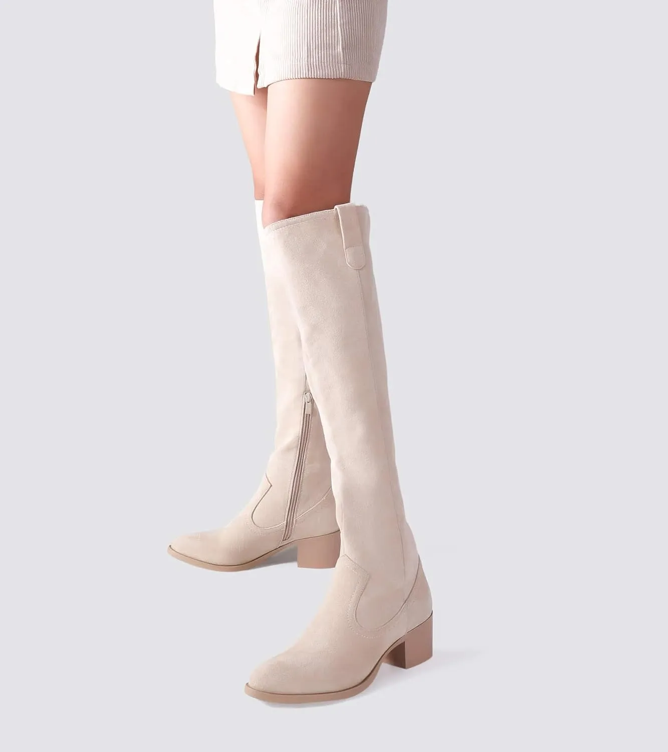 Shoe'N Tale Women's Over The Knee Thigh High Chunky Heel Pointed Toe Faux Suede Side Zipper Fall Weather Winter Boots