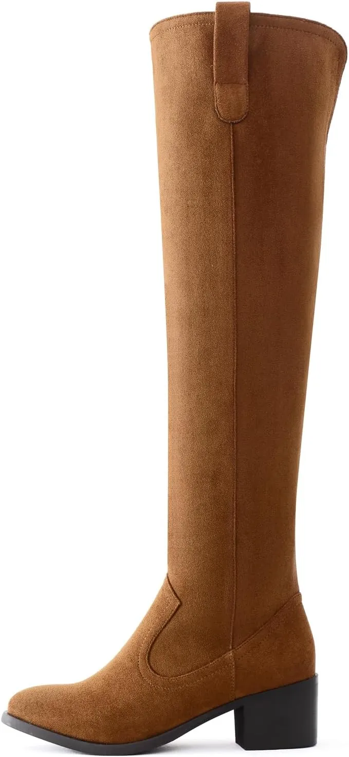 Shoe'N Tale Women's Over The Knee Thigh High Chunky Heel Pointed Toe Faux Suede Side Zipper Fall Weather Winter Boots